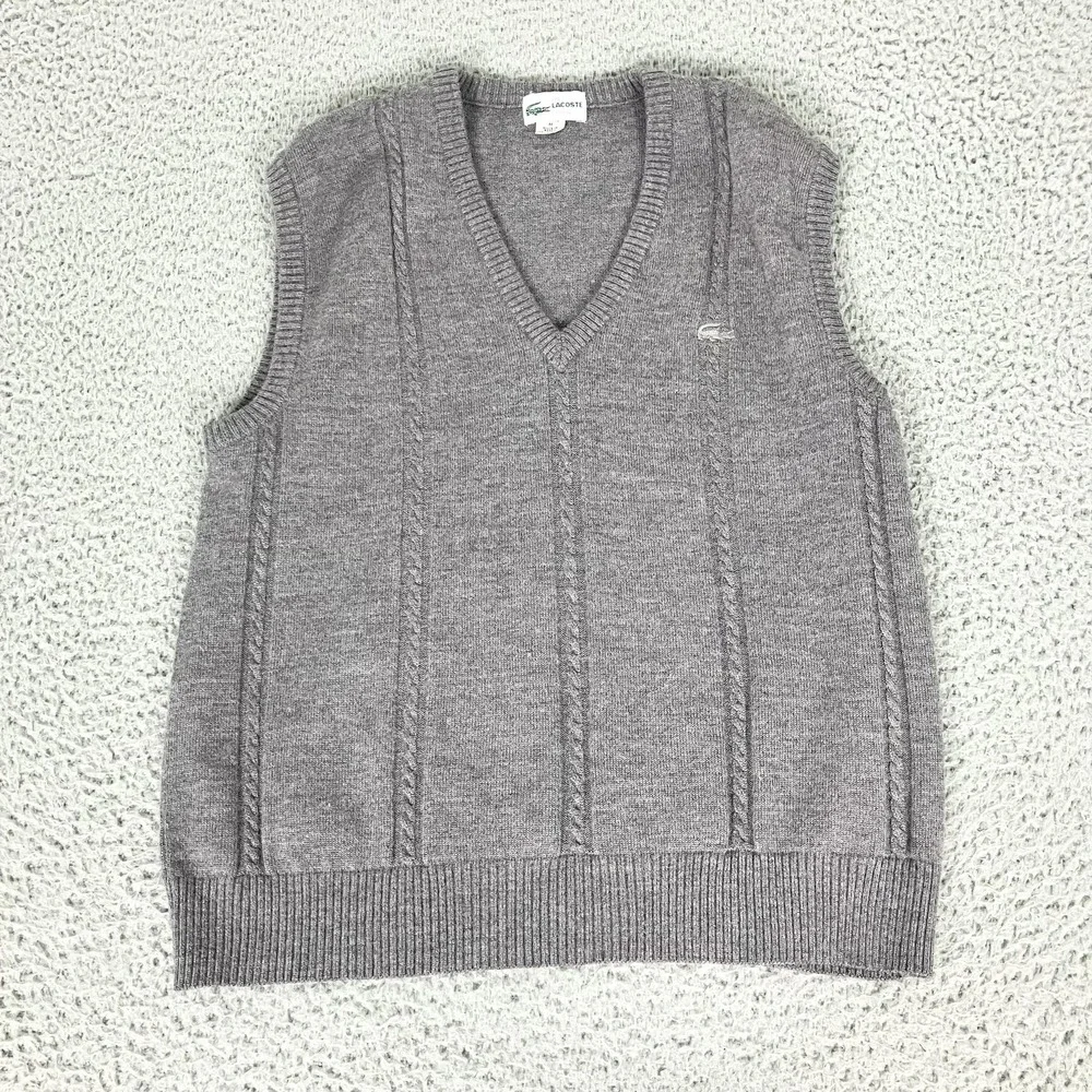Lacoste Sweater Vest Mens Medium Gray Acrylic Wool V Neck Knit Croc Logo